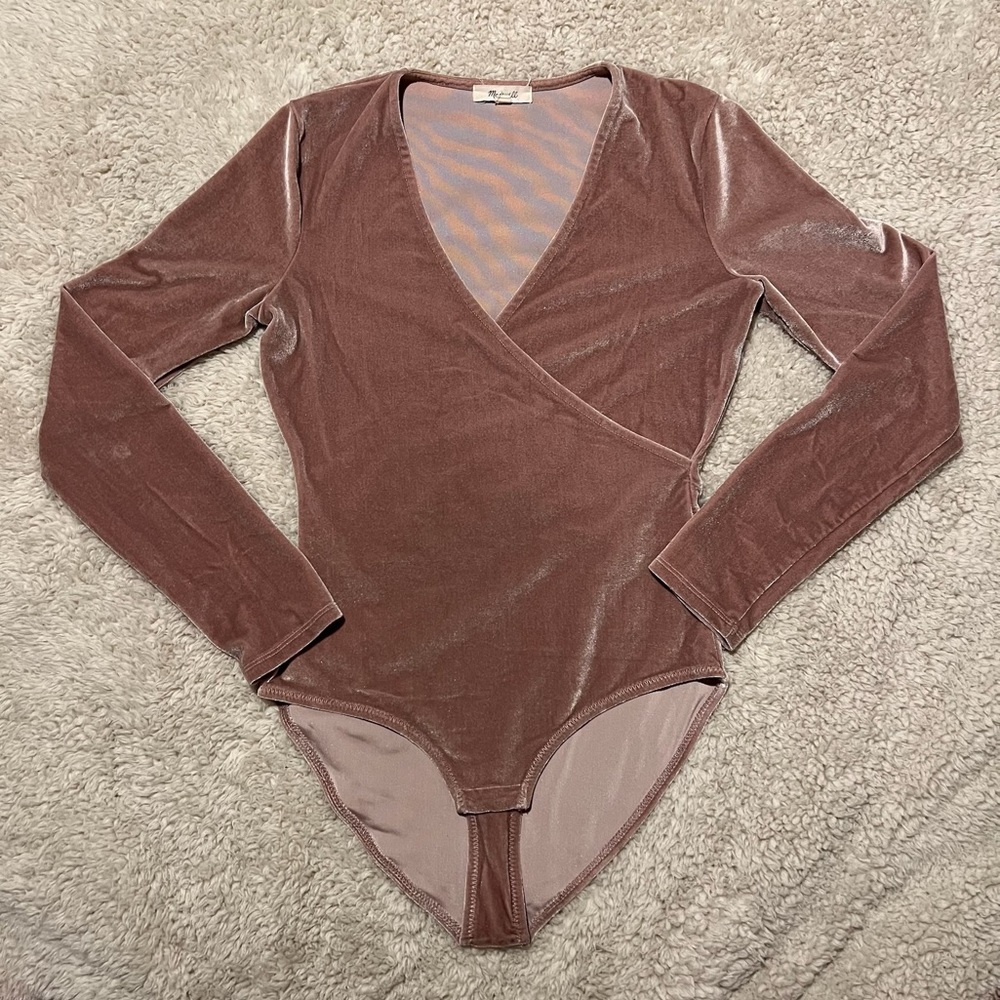 Madewell Mauve Velvet Wrap-Front Long-Sleeve Bodysuit